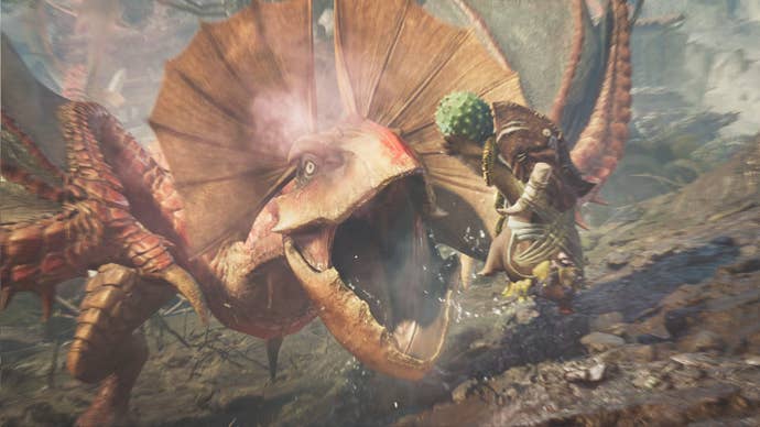A Yian Kut-Ku, a large monster in Monster Hunter Wilds, roars at a palico.
