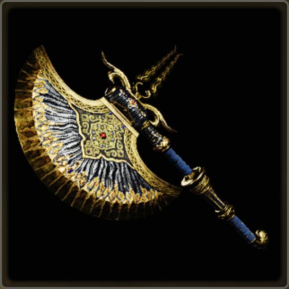 A close-up of a weapon in Monster Hunter Wilds against a black background.