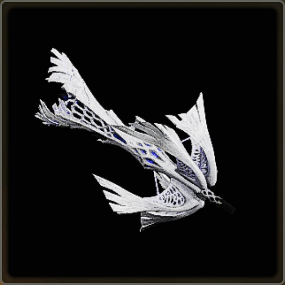 A close-up of a weapon in Monster Hunter Wilds against a black background.