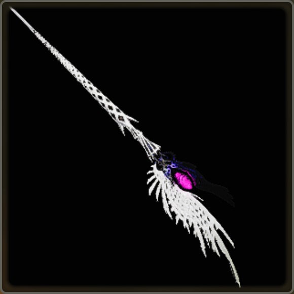 A close-up of a weapon in Monster Hunter Wilds against a black background.