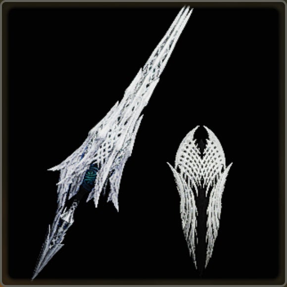 A close-up of a weapon in Monster Hunter Wilds against a black background.