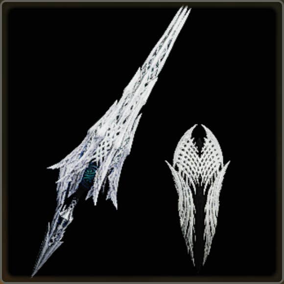 A close-up of a weapon in Monster Hunter Wilds against a black background.