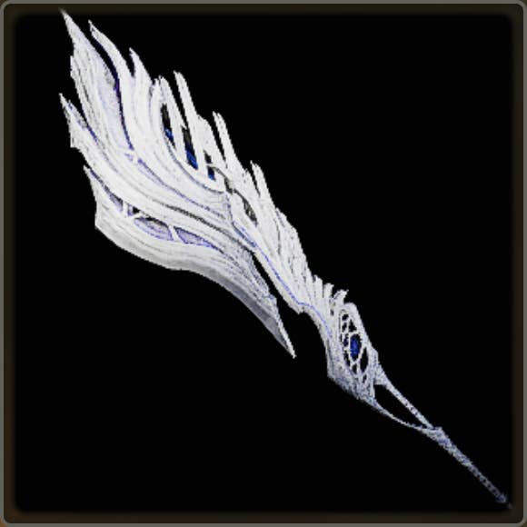 A close-up of a weapon in Monster Hunter Wilds against a black background.