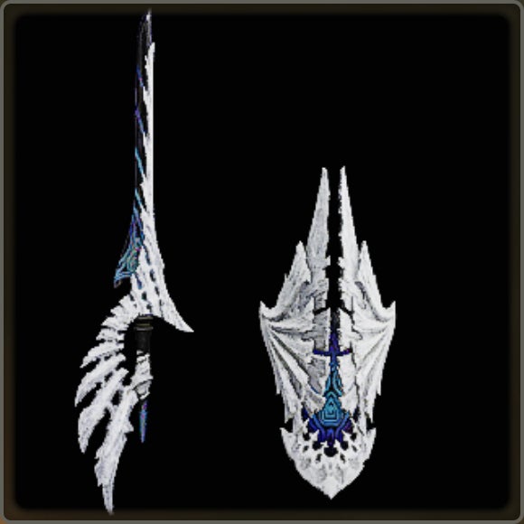 A close-up of a weapon in Monster Hunter Wilds against a black background.