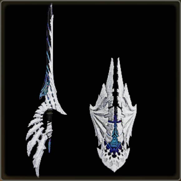 A close-up of a weapon in Monster Hunter Wilds against a black background.