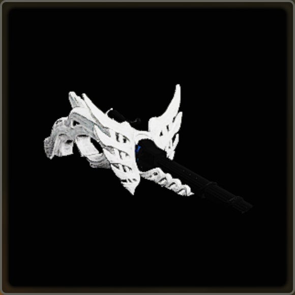 A close-up of a weapon in Monster Hunter Wilds against a black background.
