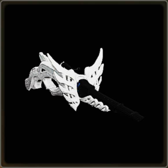 A close-up of a weapon in Monster Hunter Wilds against a black background.