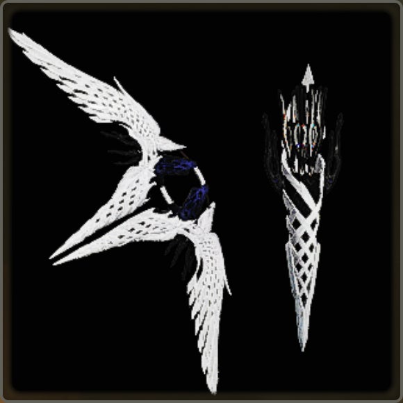 A close-up of a weapon in Monster Hunter Wilds against a black background.
