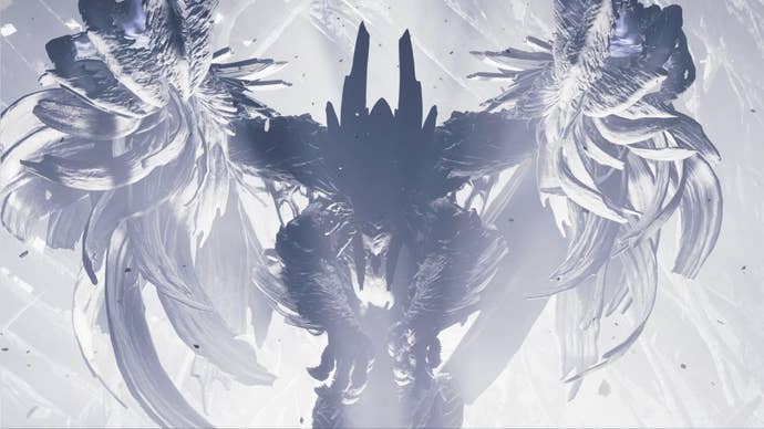 Zoh Shia, a large monster in Monster Hunter Wilds, unfurls its wings in the air surrounded by a white glow.
