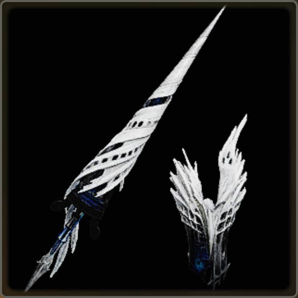 A close-up of a weapon in Monster Hunter Wilds against a black background.