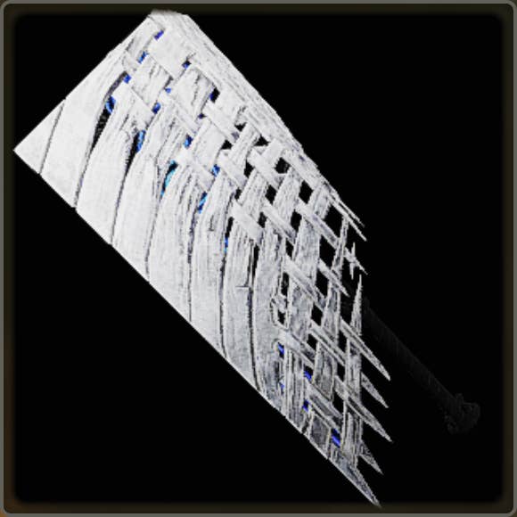 A close-up of a weapon in Monster Hunter Wilds against a black background.