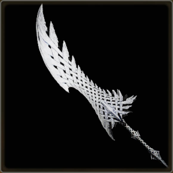 A close-up of a weapon in Monster Hunter Wilds against a black background.