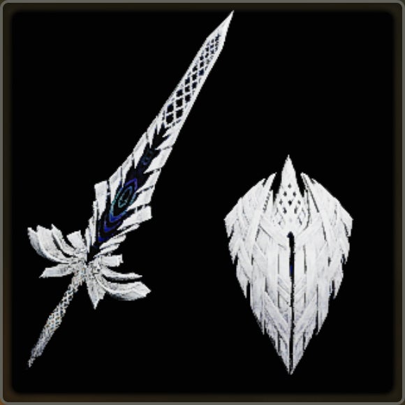 A close-up of a weapon in Monster Hunter Wilds against a black background.