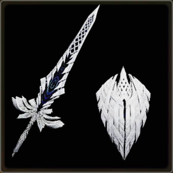 A close-up of a weapon in Monster Hunter Wilds against a black background.
