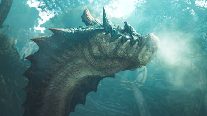 A large, blue, crocodile/ dragon-esque instauration from Monster Hunter Wilds.