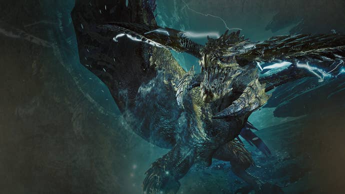 A dragon-like creature in a dark cavern in Monster Hunter Wilds.