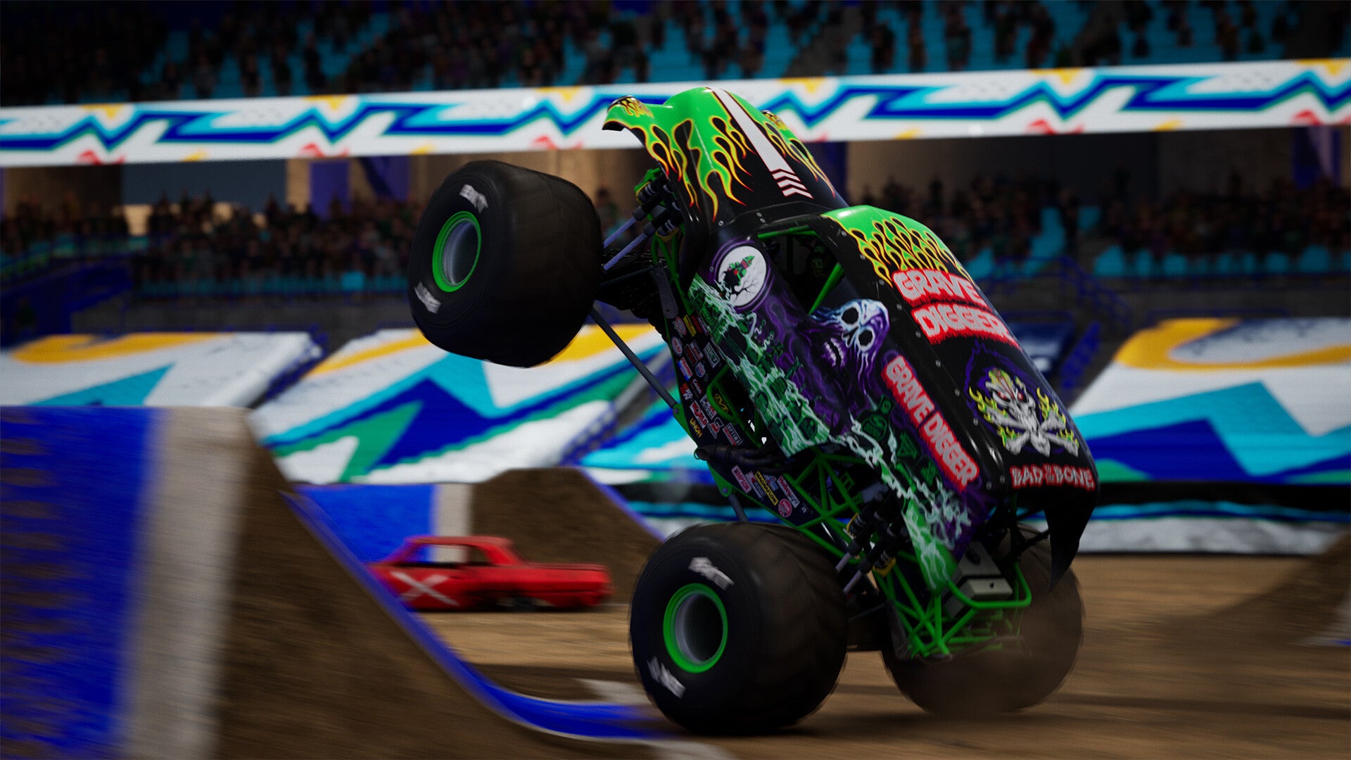 Grave Digger doing a wheelie in Monster Jam Showdown. - 4