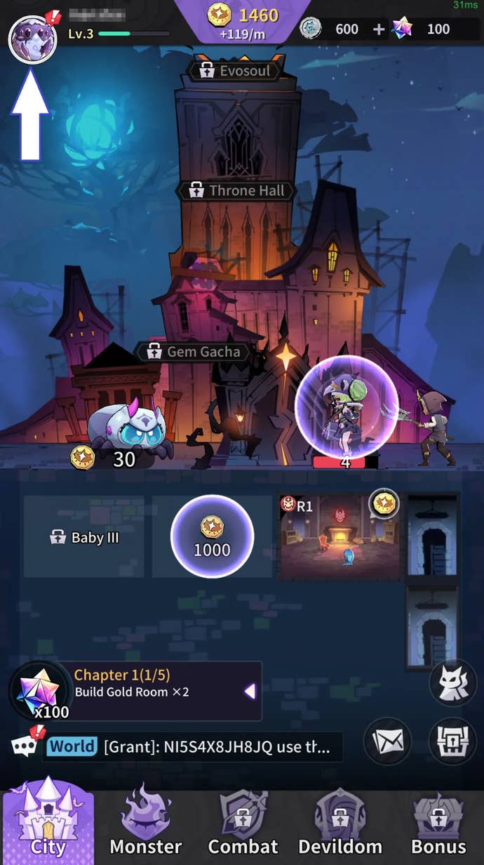 A screenshot from Monster Never Cry showing the game's avatar icon, which players have to press to head towards the codes redemption screen.