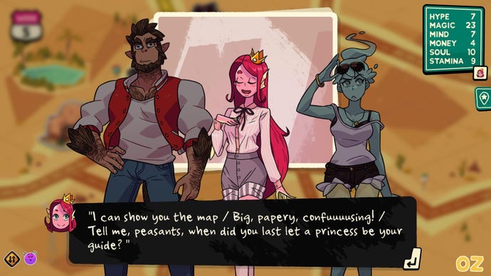 A hitchhiking Miranda serenades Polly and Scott in Monster Roadtrip. She’s trying to convince them to let her navigate with a rendition of “A Whole New World” re-written to be about herself (and calling them peasants). Polly and Scott look suitably confused.