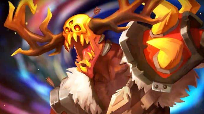 Monster Train 2 artwork showing an angry gold-headed demon with antler-like horns.