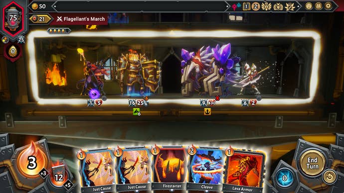 An armoured shield knight faces a crystalline beast aboard the train, as the player holds five cards in hand.