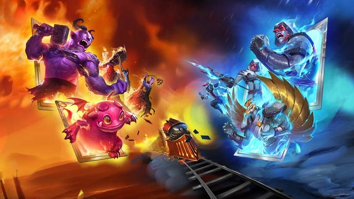 Monster Train promotional artwork showing Hell’s minions battling Heaven’s forces, with the titular train running between them.