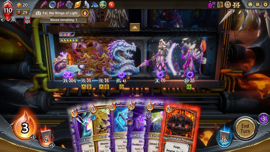 A screenshot of Monster Train’s The Last Divinity DLC, showing the cut through of a train as monsters face off and a row of cards along the bottom of the screen.