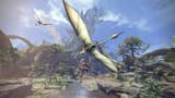 A player in Monster Hunter: World hangs down with rope from a flying mount