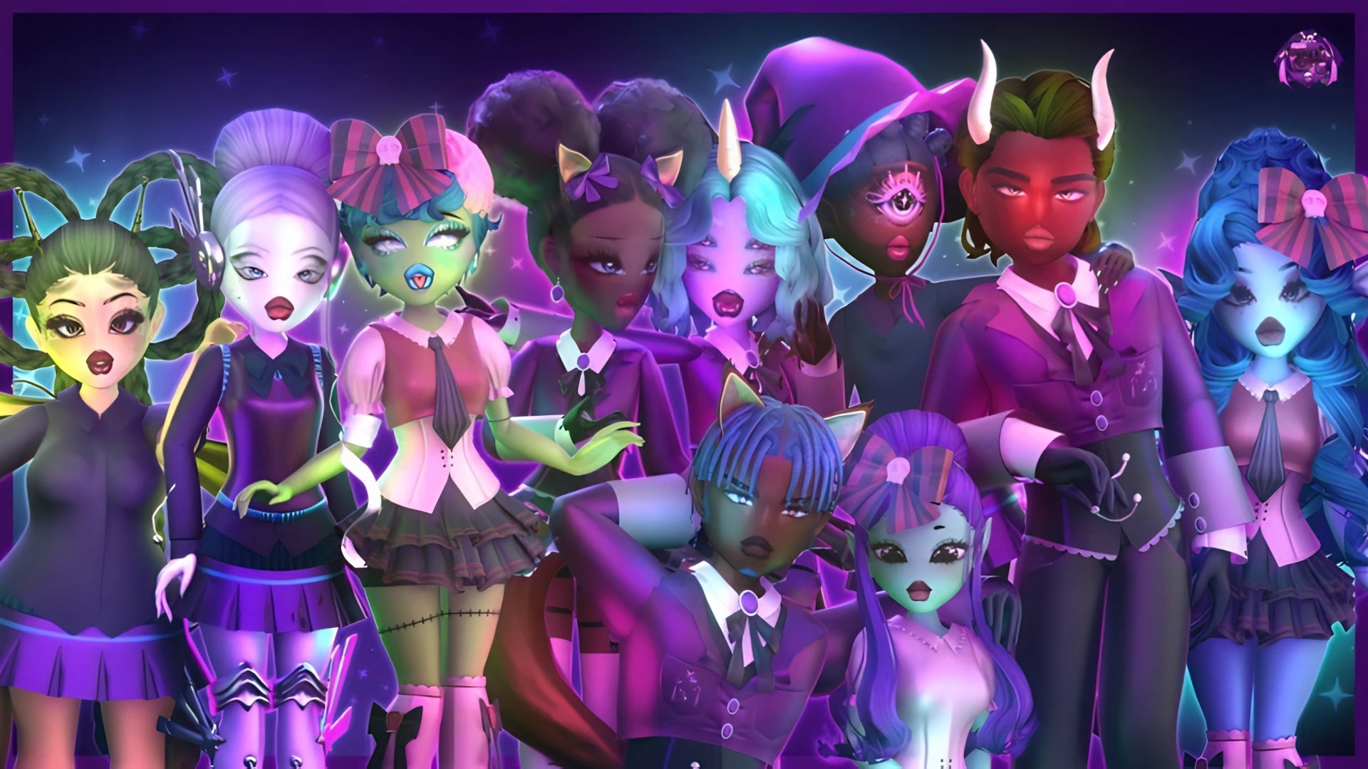 An image from the Roblox game MonsterVerze, depicting a lineup of various monsters and supernatural creatures posing for a photo. - 1