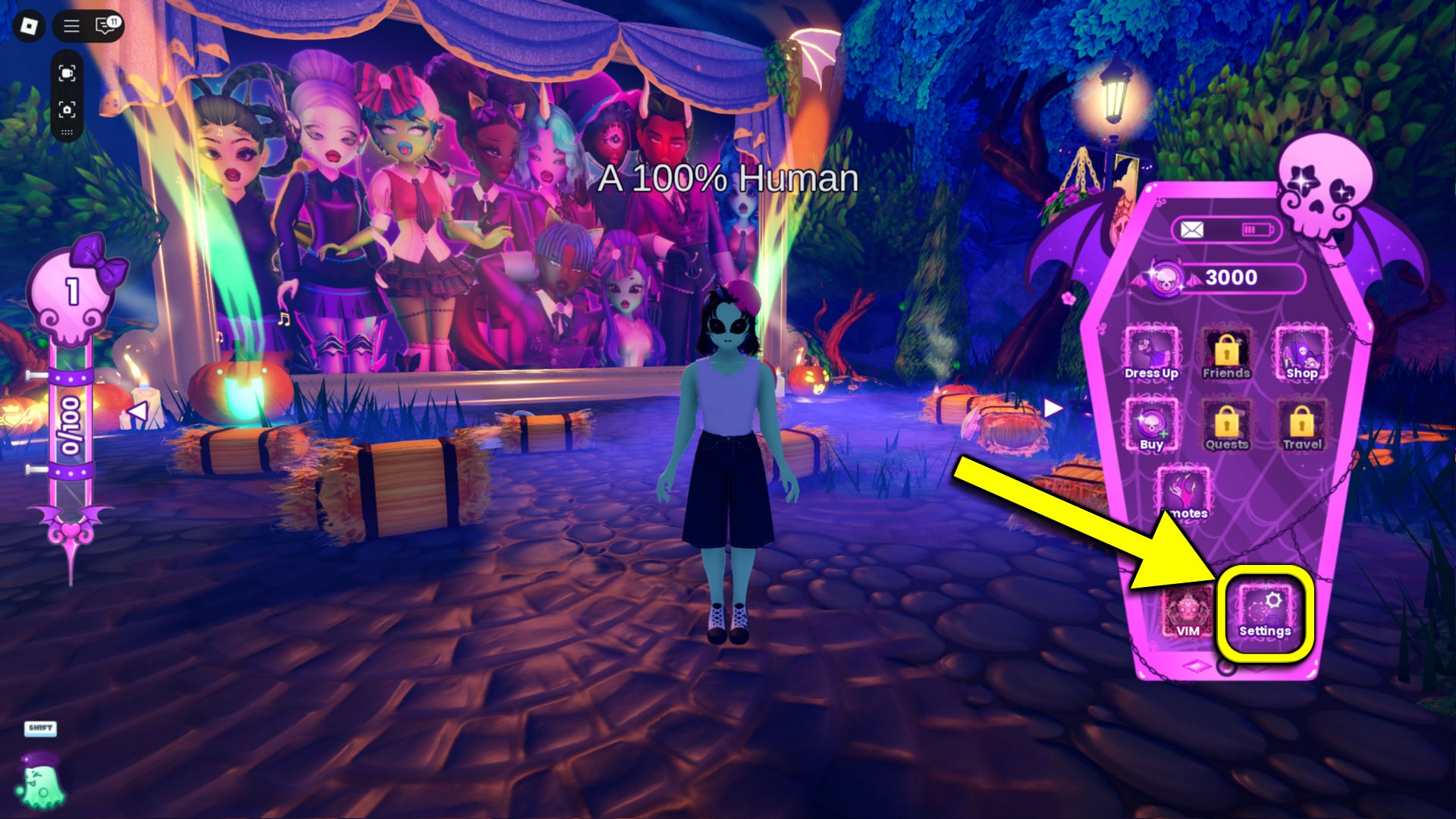 An in-game screenshot from the Roblox game, MonsterVerze, showing an in-game arrow pointing to the settings button. - 3