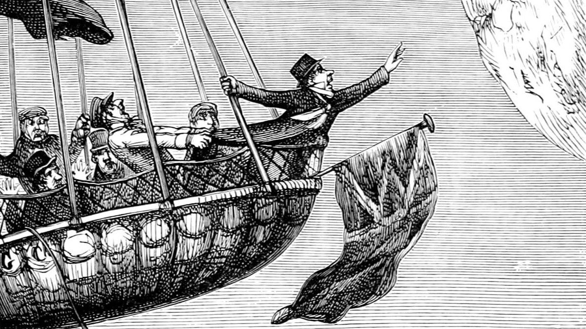 An old drawing of a silly man in airship reaching out of it for the Moon while being restrained by other airship crew - 1