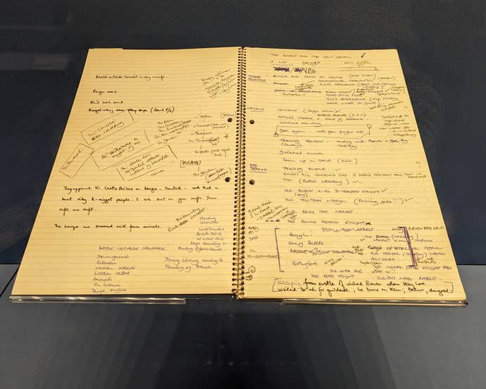 A photograph of an original Monty Python and the Holy Grail script, on display in the British Library. It’s pretty unspectacular. It’s in a kind of ring-bound and lined A4 notepad, and it’s filled with notes and scribbles going off in all different directions. I bet there are some good jokes in there somewhere.