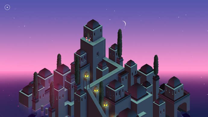 A complex, almost Escher-esque cityscape against an abstract purple background.