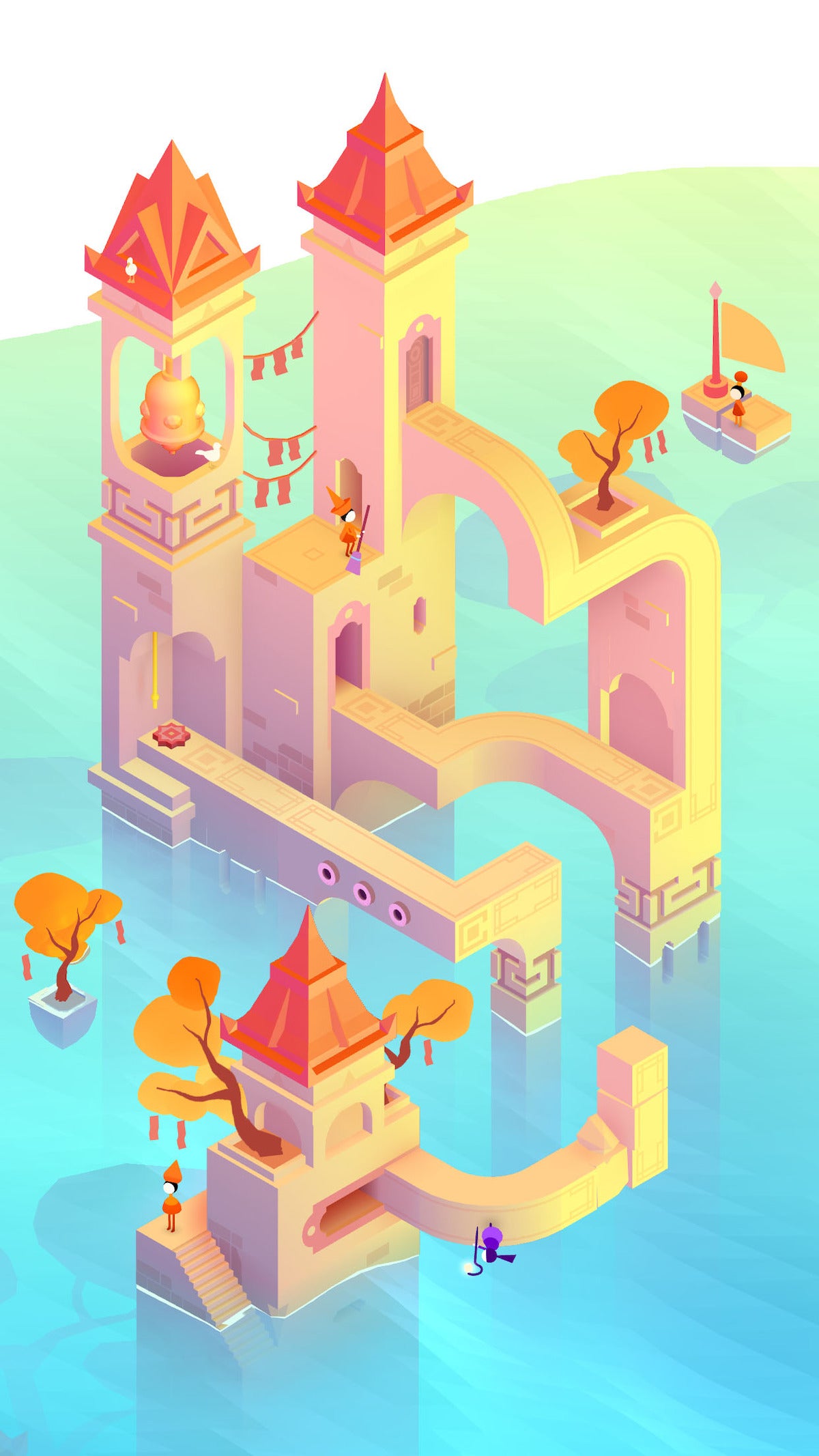 A screenshot from Monument Valley 3, the MC Escher inspired game of impossible architecture, where curved pathways don&rsquo;t quite align in the same perspective.