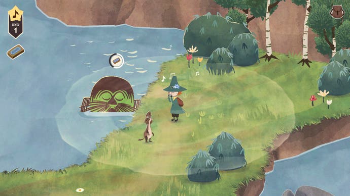 A screenshot of the game Snufkin: Melody of Moominvalley, showing the main character Snufkin playing his harmonica and with it, convincing a creature in the water with a large head to ferry him across it.