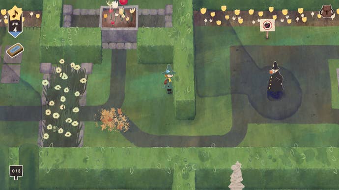 A screenshot of the game Snufkin: Melody of Moominvalley showing some of the stealth gameplay. We see a green, maze-like area of manicured hedges, which are intermittently filled with what look like vintage police officers, flower beds, and signs and statues Snufkin has to remove.