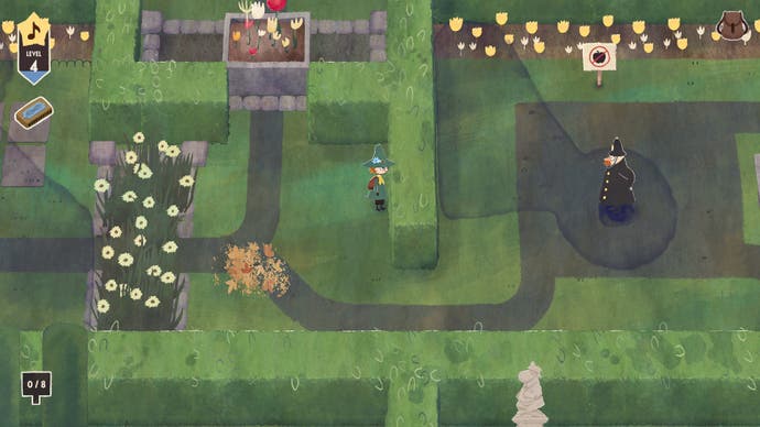 A screenshot of the game Snufkin: Melody of Moominvalley  showing some of the stealth gameplay. We see a green, maze-like area of manicured hedges, which are intermittently filled with what look like vintage police officers, flower beds, and signs and statues Snufkin has to remove.