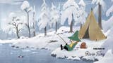 An image from the extended intro sequence of Snufkin: Melody of Moominvalley, showing the character Snufkin lying back with his legs crossed as he fishes in a frozen river, and his tent stands on snowy ground nearby.