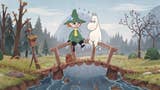 A cut-scene image from Snufkin: Melody of Moominvalley, showing the green-clothed Snufkin sitting on a small wooden bridge with the iconic Moomin - a kind of white and small hippopotamus. The forest around them shows that autumn is turning to winter.