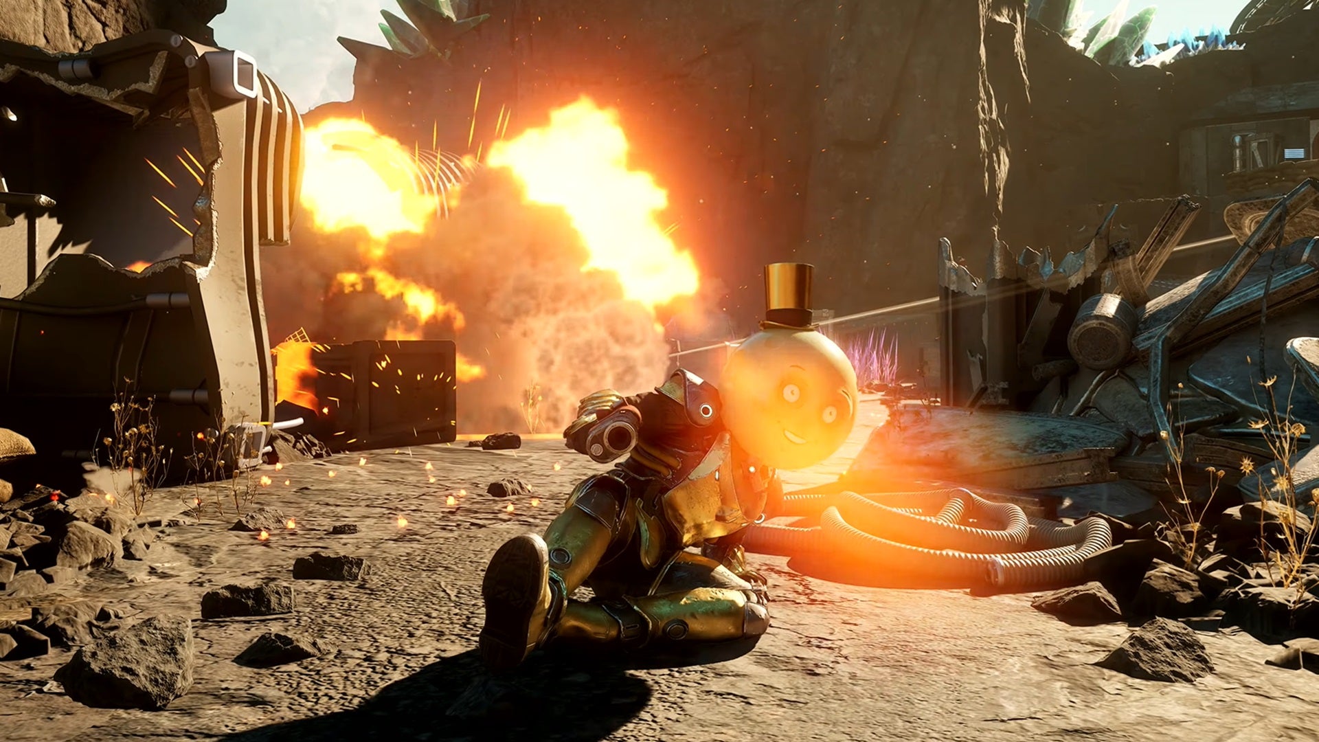 A player wearing a huge Moon Man mask slides while an explosion goes off behind them in The Outer Worlds 2. - 10