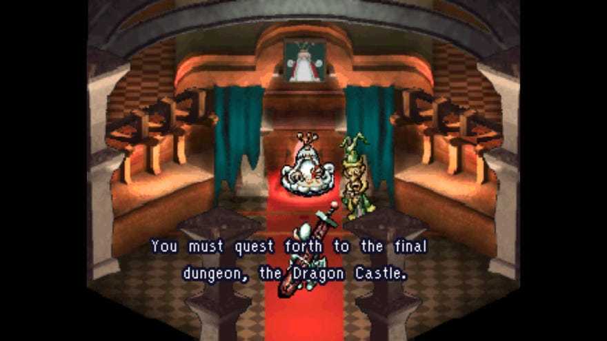 A screenshot of Moon: Remix RPG Adventure showing a pre-rendered 3D background of the inside of a building, with sprite character art on top.