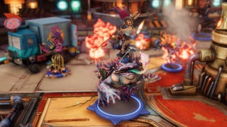 A leader unit sits atop a giant frog as fire belches behind them in Moonbreaker.