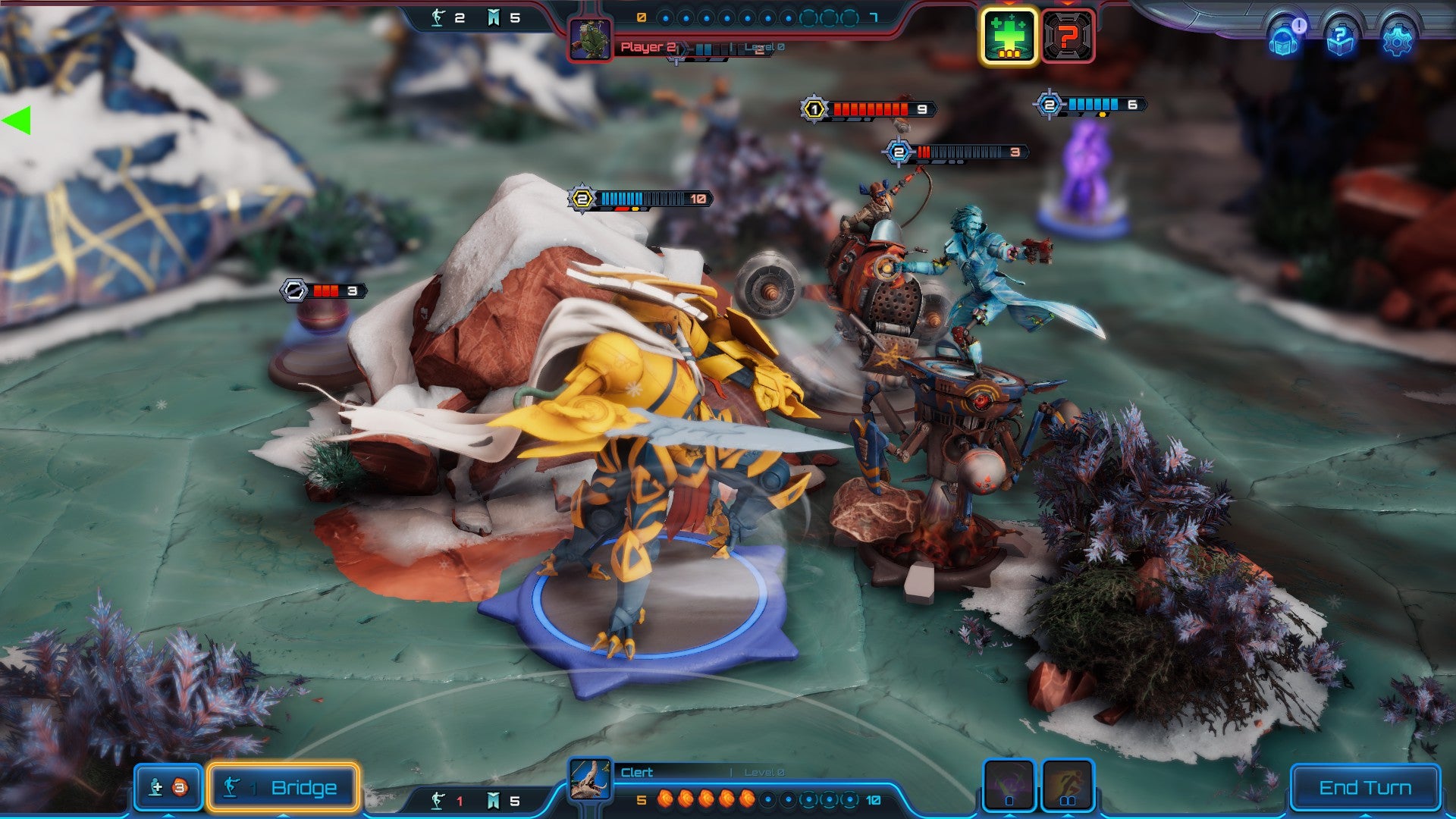 A screenshot of Moonbreaker. A zoomed in image of miniatures fighting. A yellow-painted, sworded, many-footed creature fights a rogue smuggler on their literal pedestal.