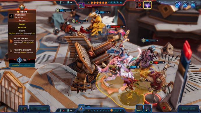 Miniatures, which are ironically quite big, locked in battle in Moonbreaker.