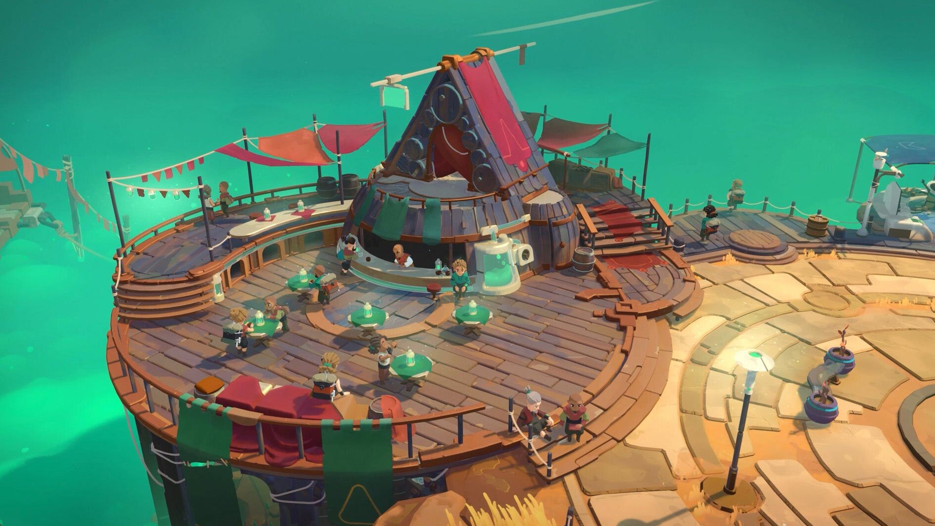A Moonlighter 2 screenshot showing a busy, outdoor bar. - 1