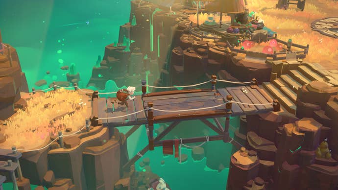 A hero with a backpack runs across a wooden bridge in Moonlighter 2.