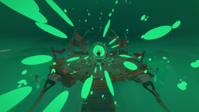 A person is entering a purple portal, blogs of the portal emitting from it in Moonlighter 2.