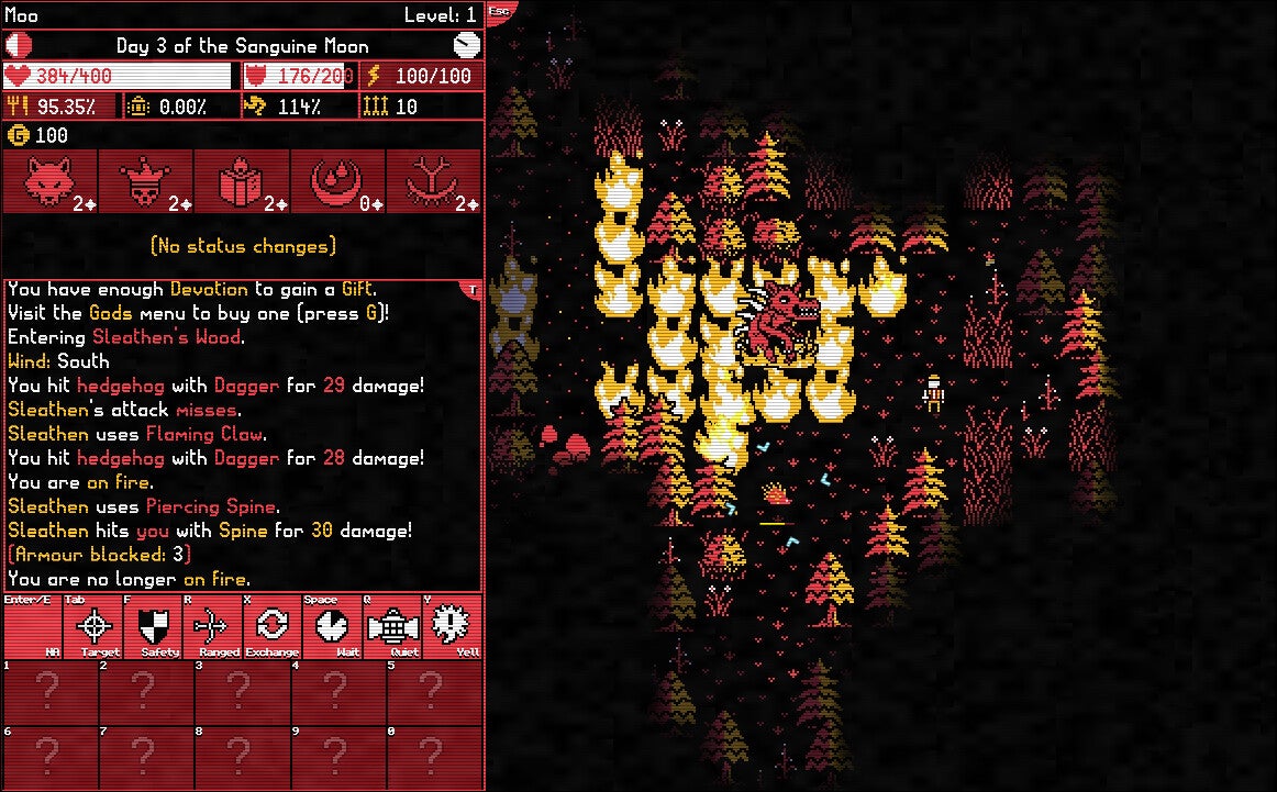 Moonring official screenshot showing a red devil in a flaming forest on the right, and box of text on the left, in retro black-background style.