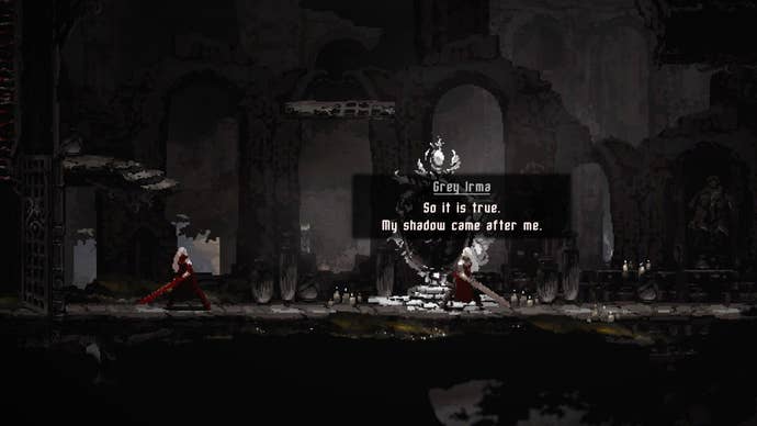 A white haired warrior faces off against their red-robed doppelganger in Moonscars.