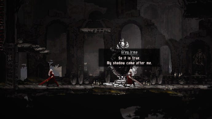 A white haired warrior faces off against their red-robed doppelganger in Moonscars.